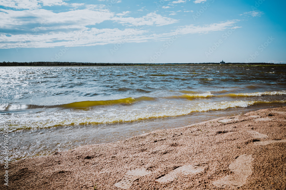  sandy beach in summer on the lake