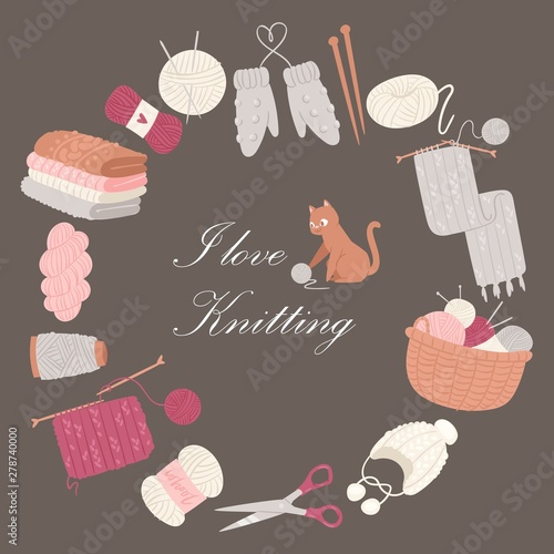 Knitting I love vector poster. Collection of knitted clothes and knit tools isolated on brown background - woolen scarf, hat, mittens, socks with needles. Hook, yarn and cartoon kitten.