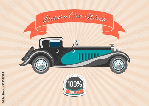 Retro vintage car with banner and badge on retro stripped vector background. Retro cars and automobiles wash poster.