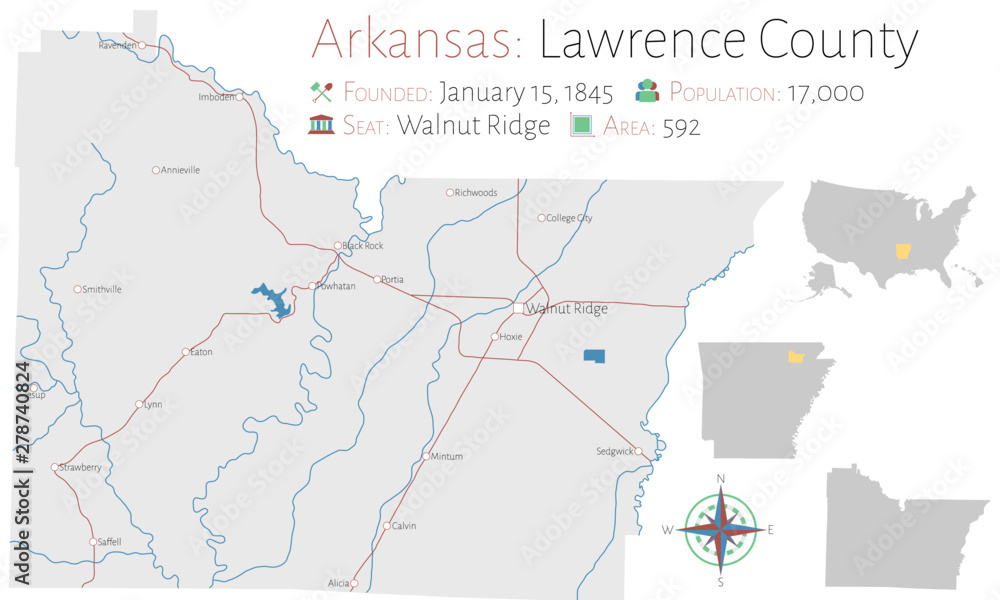 Large and detailed map of Lawrence county in Arkansas, USA