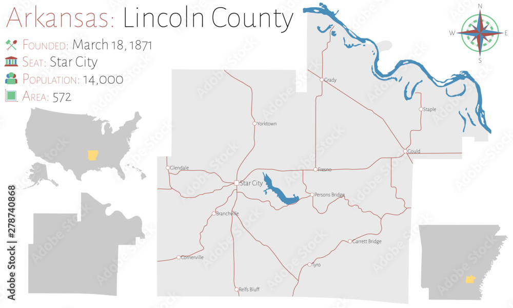 Large and detailed map of Lincoln county in Arkansas, USA
