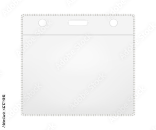 Clear empty plastic card holder with zip lock, vector mockup. PVC badge sleeve envelope with hanging slot, template