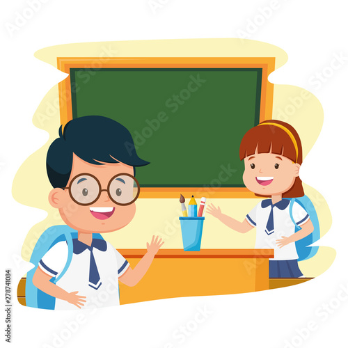 student girl and boy classroom chalkboard back to school