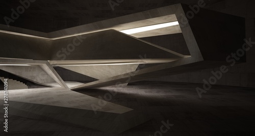 Abstract architectural concrete interior of a minimalist house with neon lighting. 3D illustration and rendering.