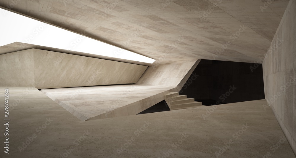 Abstract architectural concrete interior of a minimalist house with neon lighting. 3D illustration and rendering. Abstract architectural concrete interior of a minimalist house with neon lighting. 3D illustration and rendering.