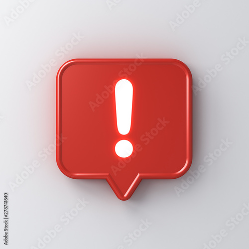 3d social media notification neon light Exclamation mark icon in red rounded square pin isolated on white background with shadow 3D rendering