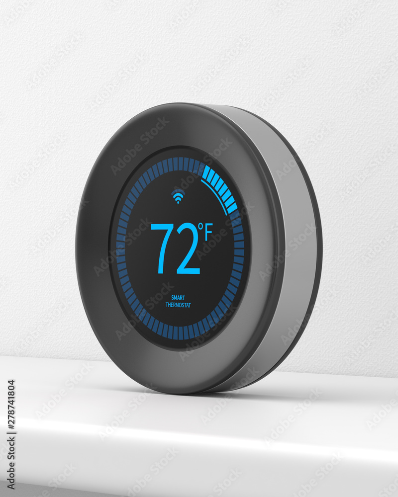 Smart thermostat on a white stand against a white wall. 3d render. Angled view. Smart Home Series. Smart thermostat on a white stand against a white wall. 3d render. Angled view. Smart Home Series.