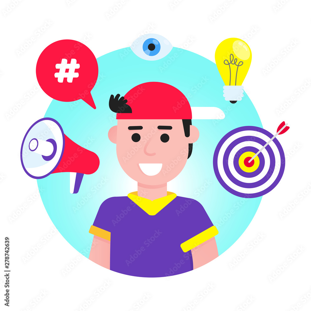 Social media avatar man icon flat style design in the circle isolated on white background arounded with social symbols target, speech bubble hashtag, megaphone, eye, lightbulb.