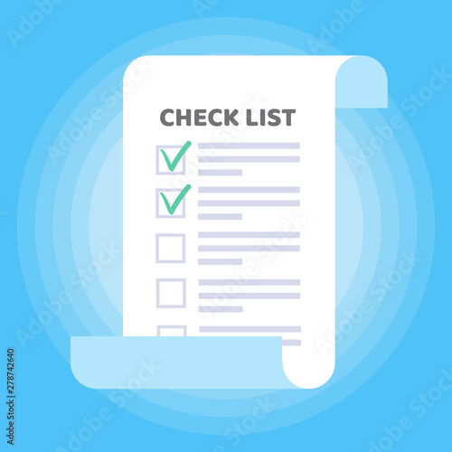 Paper sheet with check list with check marks ticks to fill out and text on it flat style design isolated on light blue background vector illustration.