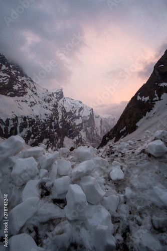 Cruel path,Snow in Himalaya Annapurna mountain base camp, Nepal.