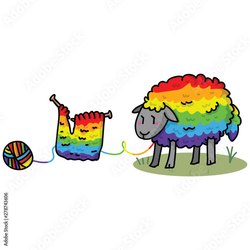 Cute gay rainbow sheep cartoon vector illustration motif set. Hand drawn isolated knitting yarn elements clipart for pride handcraft blog, diversity graphic, lgbt web buttons.