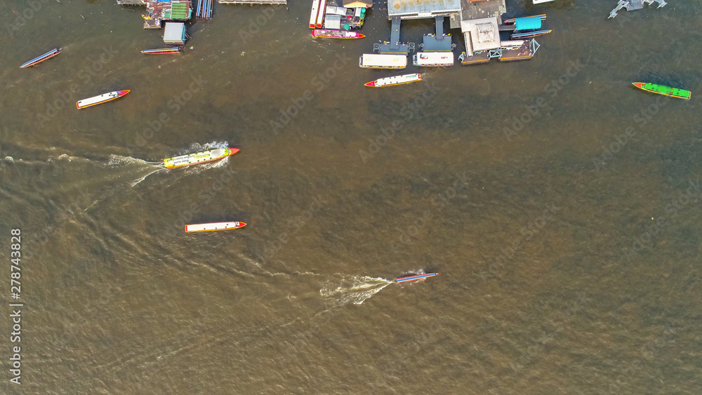 top view of Passenger boat at the Chao Phraya River. top view of Passenger boat at the Chao Phraya River.