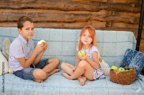 Brother and sister sit opposite each other on a garden swing and eat green apples. Beautiful happy caucasian children in the garden. Carefree childhood