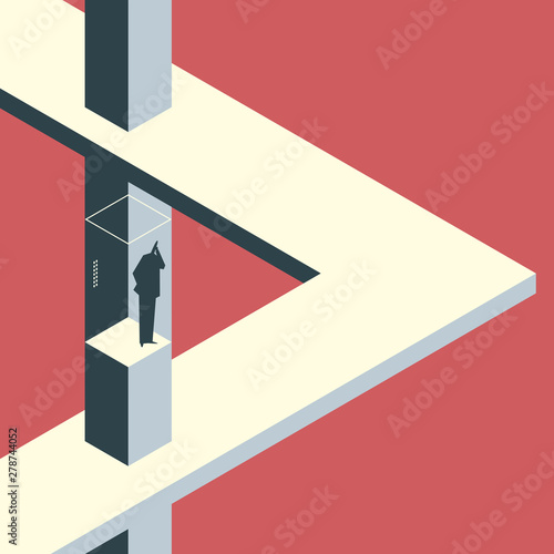 Businessmanan standing in impossible elevator and talking on the pnone. Clipping mask used.