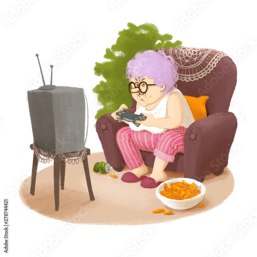 Grandma plays video games. Postcard. Cute illustration