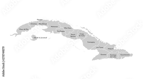 Vector isolated illustration of simplified administrative map of Cuba. Borders and names of the provinces (regions). Grey silhouettes. White outline photo