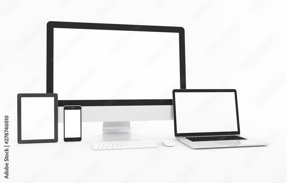 Blank Computer, laptop, tablet, smartphone, keyboard, mouse on white background, Mock up, illustration 3D rendering Blank Computer, laptop, tablet, smartphone, keyboard, mouse on white background, Mock up, illustration 3D rendering
