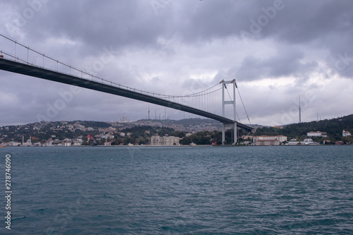 Fatih Sultan Mehmet Bridge over Bosporus in cloudy day Strait  Istanbul  Turkey