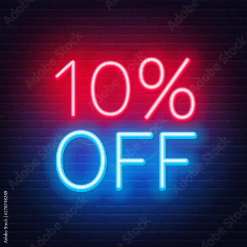 10 percent off neon lettering on brick wall background. Vector illustration