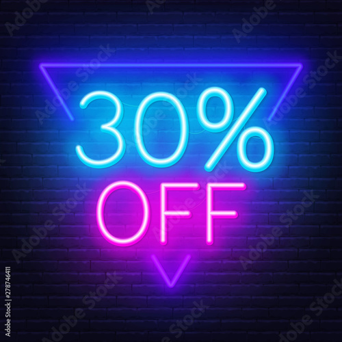 30 percent off neon lettering. Vector illustration