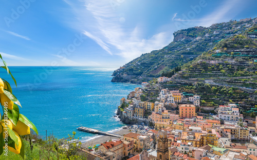 Fototapeta Naklejka Na Ścianę i Meble -  Blue sea and beach in Minori, Amalfi Coast, Campania, Italy.