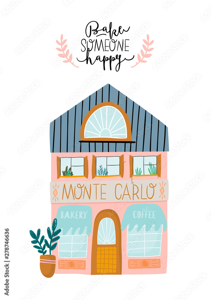 Naklejka premium Collection of cute house, shop, store, cafe and restaurant isolated on white background. Motivational quote lettering. Flat vector illustration in trendy scandinavian style. Hand drawn. European city