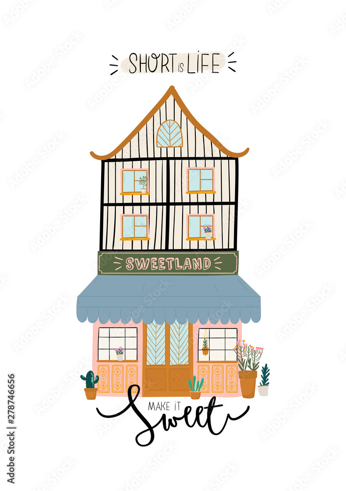 Fototapeta premium Collection of cute house, shop, store, cafe and restaurant isolated on white background. Motivational quote lettering. Flat vector illustration in trendy scandinavian style. Hand drawn. European city