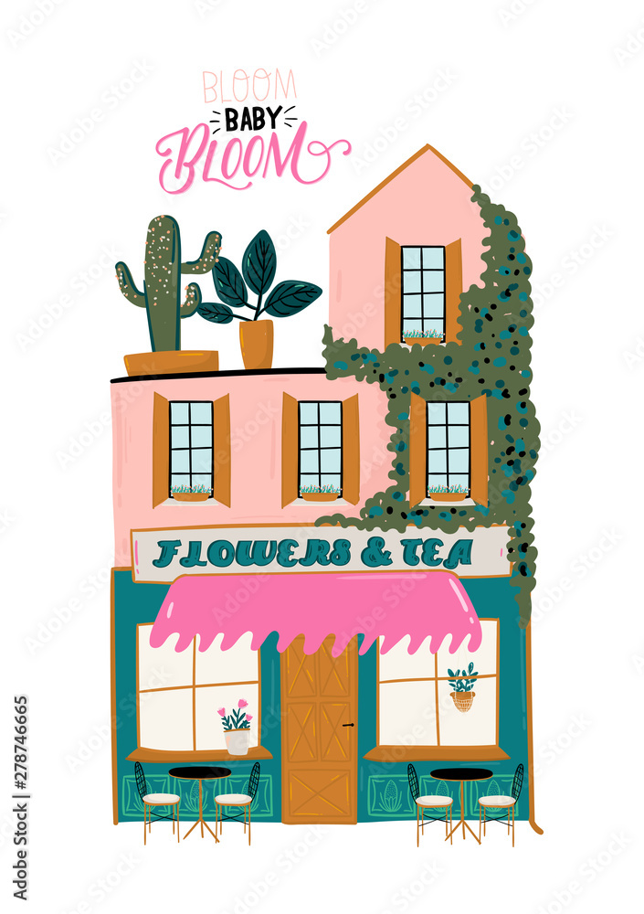 Fototapeta premium Collection of cute house, shop, store, cafe and restaurant isolated on white background. Motivational quote lettering. Flat vector illustration in trendy scandinavian style. Hand drawn. European city