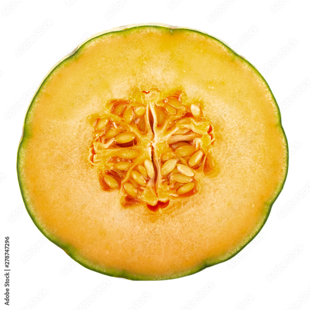 half of cantaloupe isolated on white background. front view