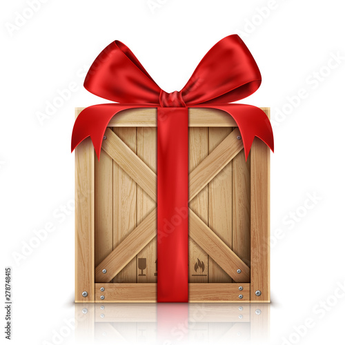 Wooden box with silk red ribbon bow realistic vector illustration. Wooden crate or cargo box for storage, transportation and delivery of holiday or christmas gift isolated on white background
