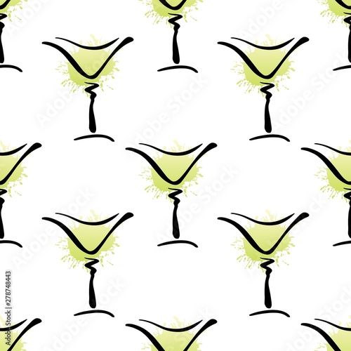 Vector seamless pattern with hand drawn glass of Margarita cocktail on white background. Cute background with summer cocktails Margarita or Dry Martini for print, textile, bar, design. 