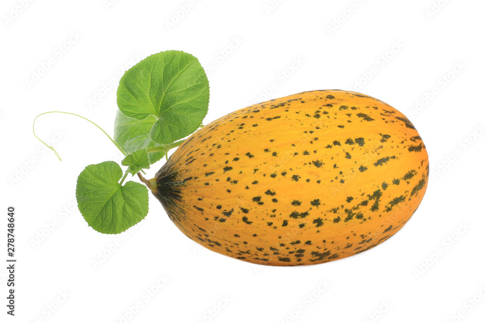 fresh yellow melon with green leaves isolated on white background fresh yellow melon with green leaves isolated on white background