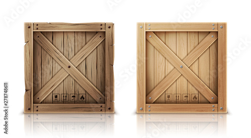 Wooden box closed by metal nails realistic vector illustration. New and aged wooden crate or cargo box for storage, transportation and delivery with postal symbols, isolated on white background