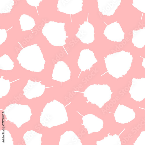 Cotton candies on stick seamless pattern, fluffy sugar cloud desserts on pink. Vector vanilla candyfoss, sweet snack food background or wallpaper design