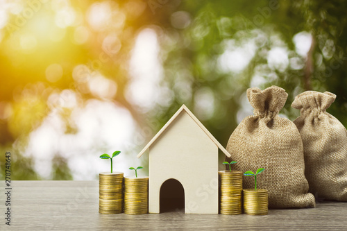 Saving money or property investment or buy a new home concept. A small house model with growth plant on stack of coins and money bag on wood table. Depicts sustainable financial goal. photo