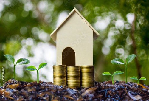 Property investment concepts. A small house model on stack of coins and plant growing on good soil with nature background. Depicts a lasting and long-term investment. Home loan, mortgage, real estate.