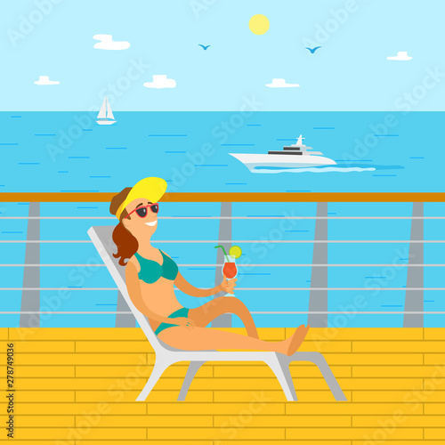 Summer holidays of person vector, relaxing lady wearing hat sunbathing on chaise longue. Sailboat and motor ship on sea water, person with cocktail