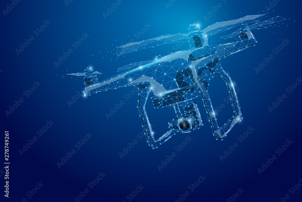 Abstract line and point drone. Drone flying with action video camera on ...