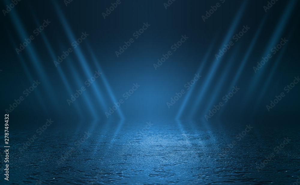 Obraz premium Empty background scene. Dark street reflection on wet asphalt. Rays of neon light in the dark, neon figures, smoke. Background of empty stage show. Abstract dark background.