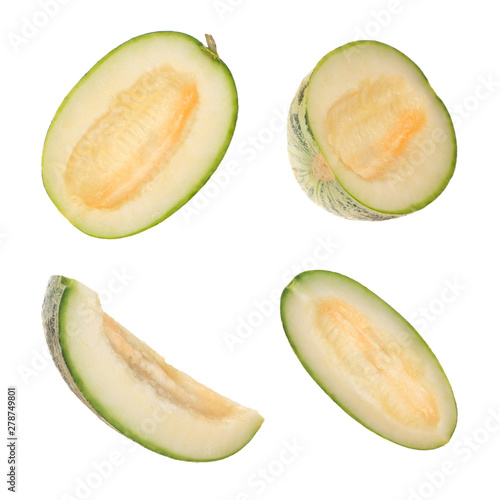 set of halves of fresh melons isolated on white background