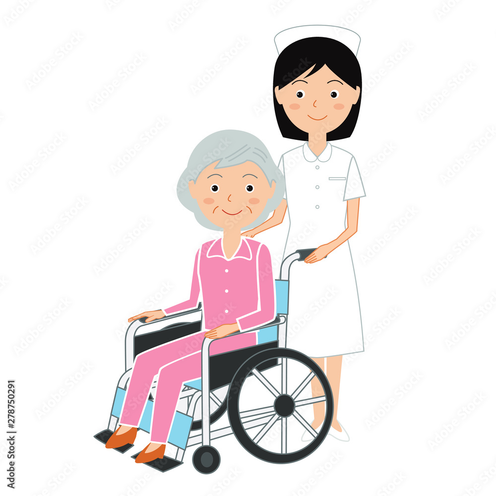 車イスの高齢女性と若い女性看護師