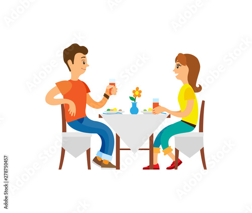 Vacation of couple, restaurant and cafe vector. People drinking juice, man and woman eating, table with vase and flowers. Eatery elegant breakfast