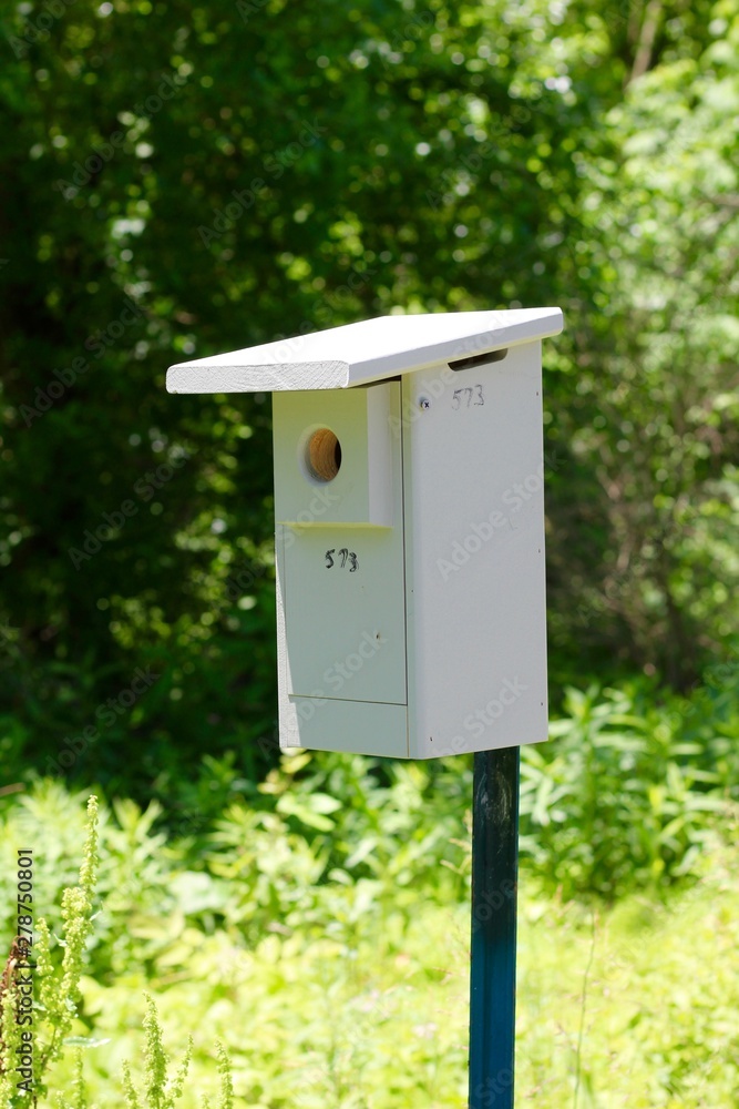 A close view of the old metal box birdhouse on the pole. A close view of the old metal box birdhouse on the pole.
