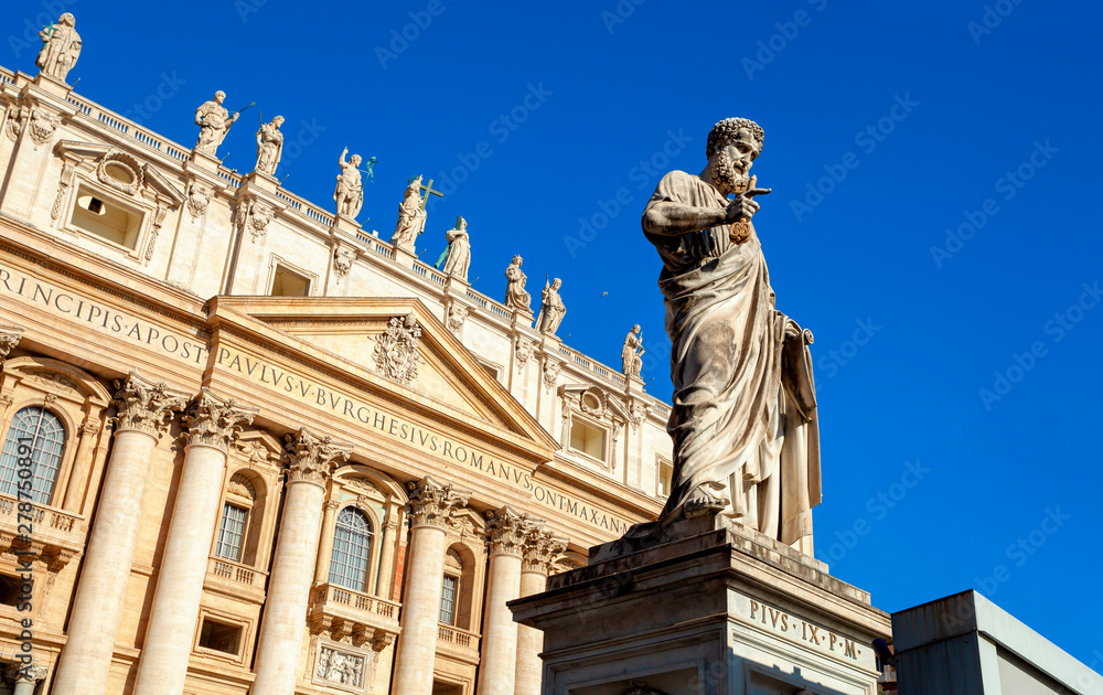 The Papal Basilica of St. Peter in the Vatican is an Italian Renaissance church in Vatican City. Maderno's facade, with the statues of Saint Peter.