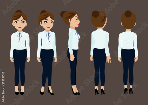 Cartoon character with business woman for animation. Front, side, back, 3-4 view character. Flat vector illustration.