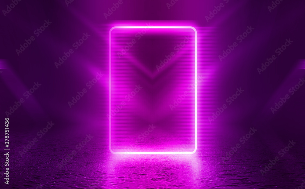 Empty background scene. Dark street reflection on wet asphalt. Rays of neon light in the dark, neon figures, smoke. Background of empty stage show. Abstract dark background. Empty background scene. Dark street reflection on wet asphalt. Rays of neon light in the dark, neon figures, smoke. Background of empty stage show. Abstract dark background.