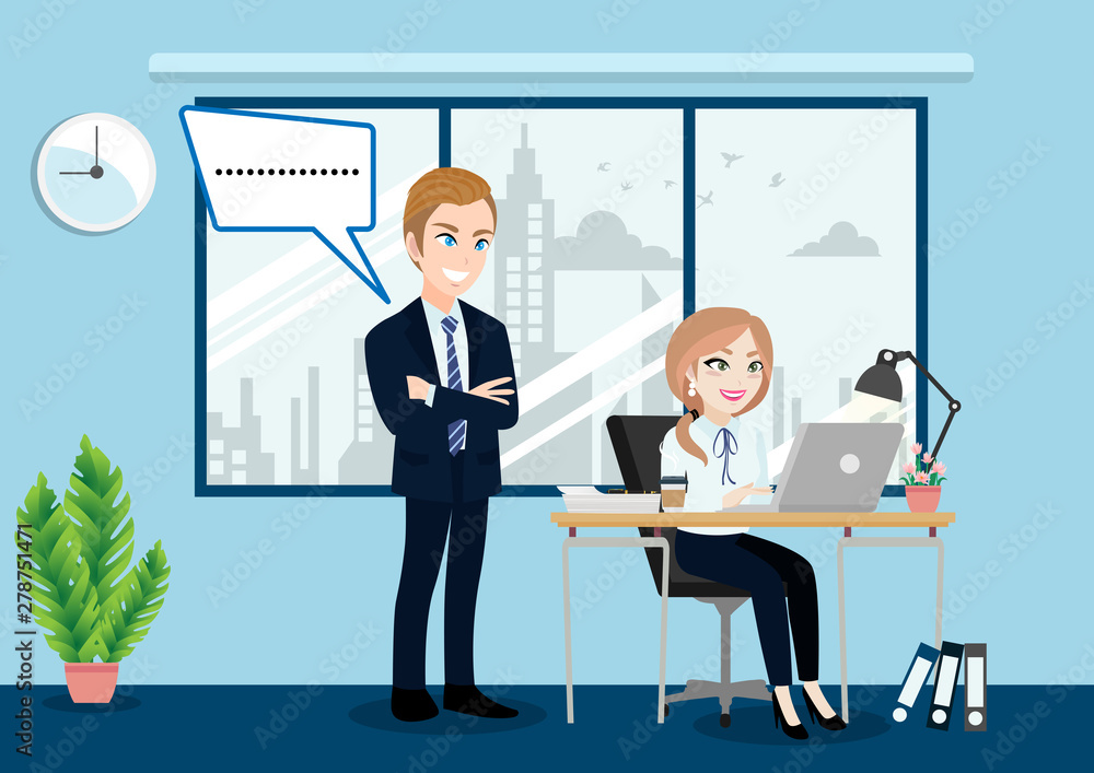 Fototapeta premium Business people group, boss and staff or workers in office background vector illustration in cartoon character style.