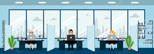 Business people ,modern office interior with boss and employees. Creative office workspace and cartoon character style vector