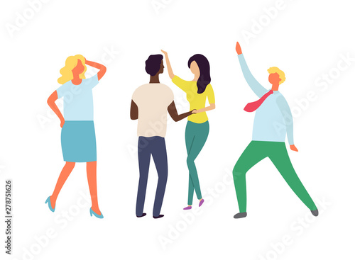 Man and woman dancing in pair, people moving together, holding each other, female rising hands, character on dance floor, full length view of dancer vector