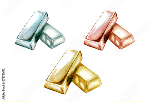 illustration of watercolor set of ingots of yellow, white and rose gold